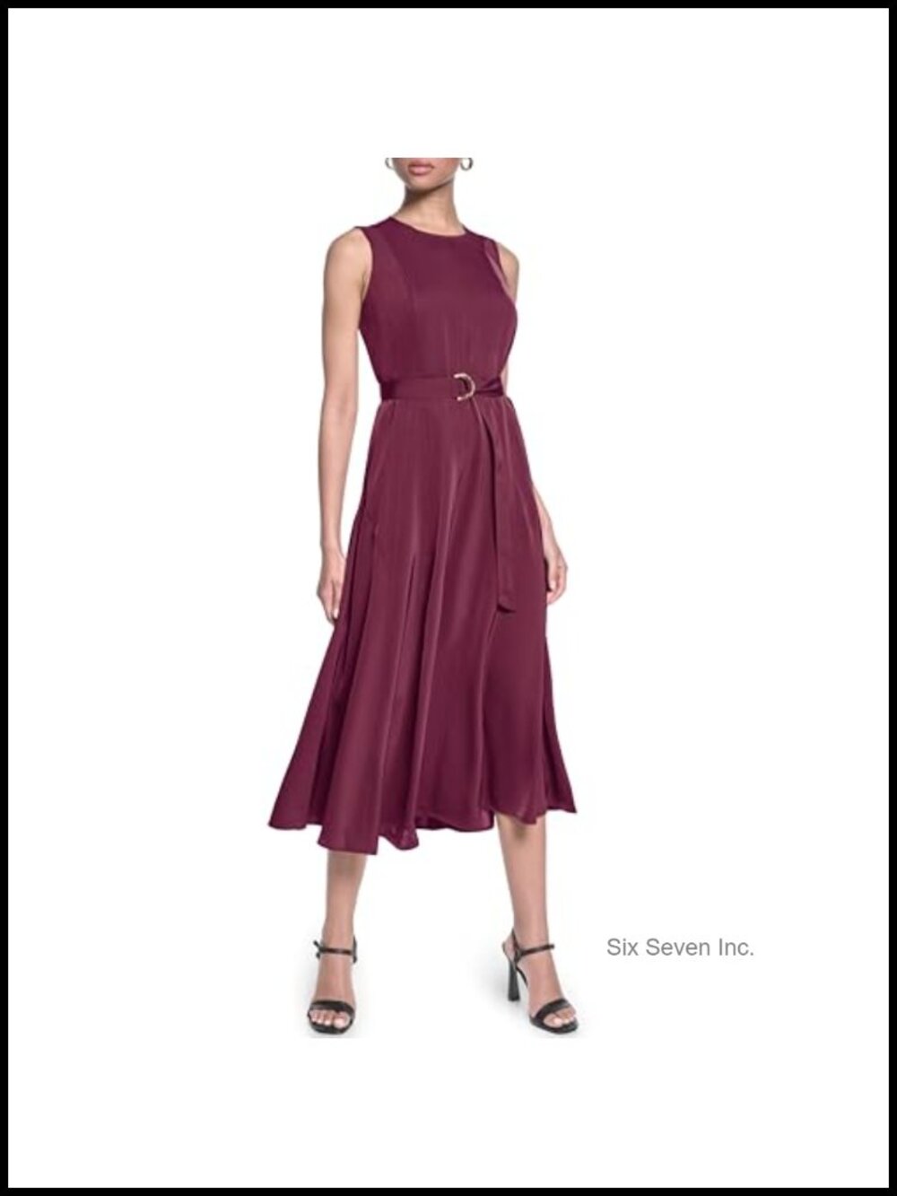 Sleeveless Crew Neck Poly Twill Belted Midi Dress Fit & Flare